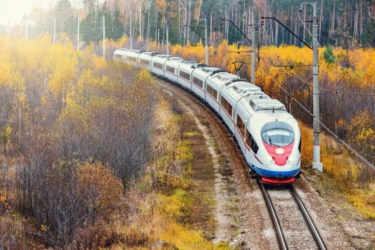 Поезд РЖД Сапсан едет по жд путям осенью Москва - Санкт-Петербург